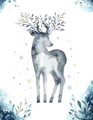 Poster  Aquarelle closeup portrait de cerf bleu. Isolé sur fond blanc Illustration de Noël indigo dessinés à la main. Carte de voeux animal hiver design décoration