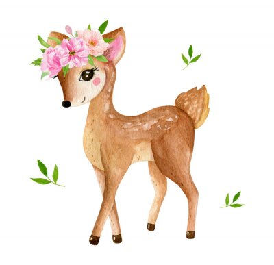 Poster  Aquarelle d'un cerf avec une couronne sur la tête