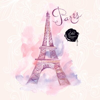 Poster  Aquarelle de Paris sur fond rose