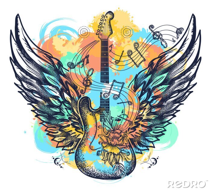 Poster  Aquarelle de tatouage guitare et ailes éclabousse style. Conception de t-shirt rock and roll. Symbole de la musique, festivals de musique. Art de la guitare électrique