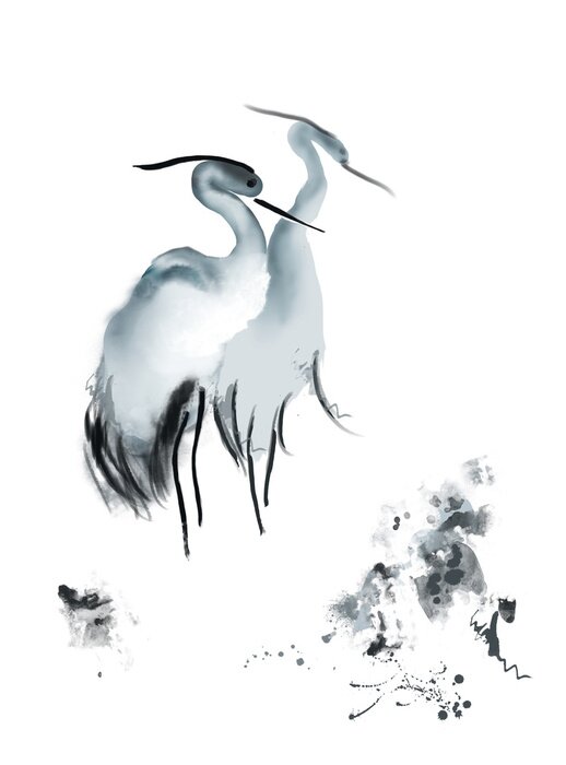 Poster  Aquarelle japonaise orientale avec des grues