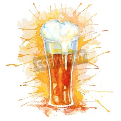Poster  Aquarelle, main, dessiné, verre, frais, bière, mousse, éclaboussures, isolé, blanc, fond