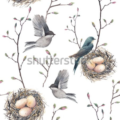 Poster  Aquarelle modèle sans couture avec des brindilles de nid, des oiseaux et des arbres. Fond de printemps vecteur dessiné à la main. Papier peint vintage avec hirondelle et oeufs