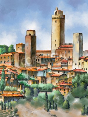Poster  Aquarelle originale représentant San Gimignano en Toscane, Italie.