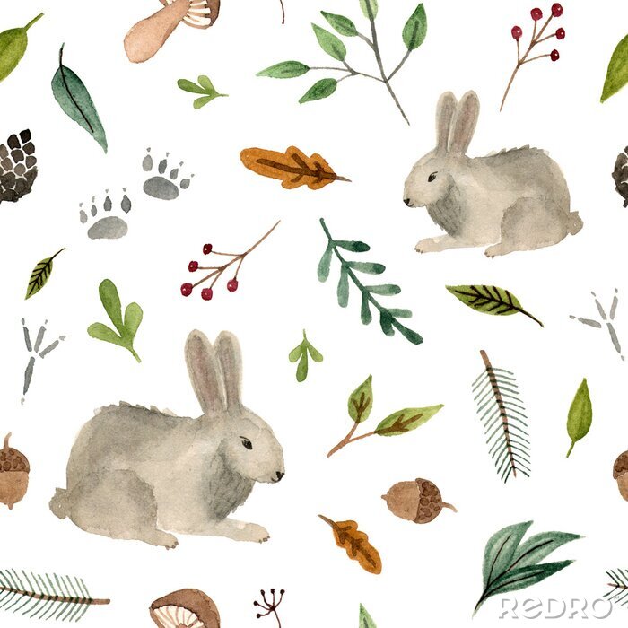 Poster  aquarelle peinte à la main des animaux - lapin. modèle sans couture équipe de forêt sur fond blanc