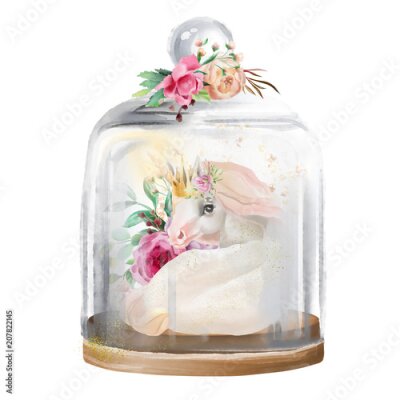 Poster  Aquarelle représentant une licorne portant une couronne