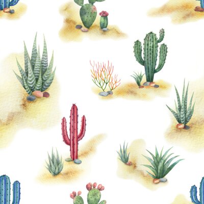 Aquarelle transparente motif de paysage avec désert et cactus isolé sur fond blanc.
