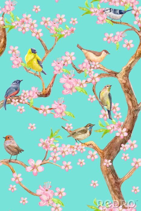 Poster  Arbre avec des fleurs roses et des oiseaux