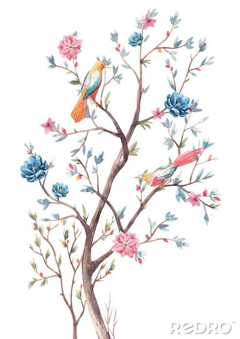 Poster  Arbre du paradis avec des fleurs et un oiseau