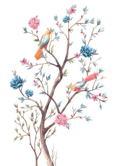 Poster  Arbre en fleurs avec des oiseaux
