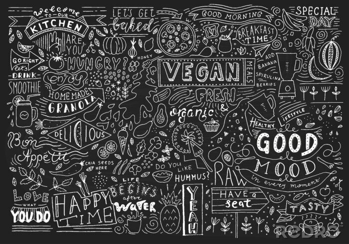 Poster  Art de la cuisine de tableau noir, art de mur de lettrage de tableau noir, signe de tableau de cuisine. Conception de modèle de café. Typographie de mur de restaurant.