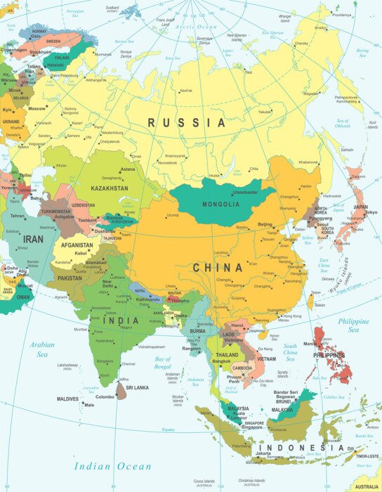 Poster  Asie carte - très détaillées illustration vectorielle.