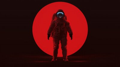 Poster  Astronaut in a Red Space Suit Standing in a Alien Void with a Clear Visor Woman's Face with a Big Red Alien Sphere in a Dark foggy void Front View 3d Illustration 3d render