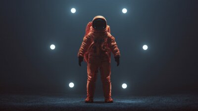 Poster  Astronaut in an Orange Space Suit with Black Visor Standing in a Alien Void 3d illustration 3d render