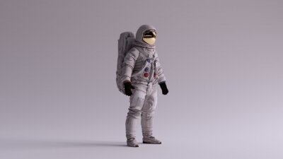 Poster  Astronaut with Gold Visor and White Spacesuit With Light Grey Background with Neutral Diffused Side Lighting 3 Quarter Right 3d illustration 3d render