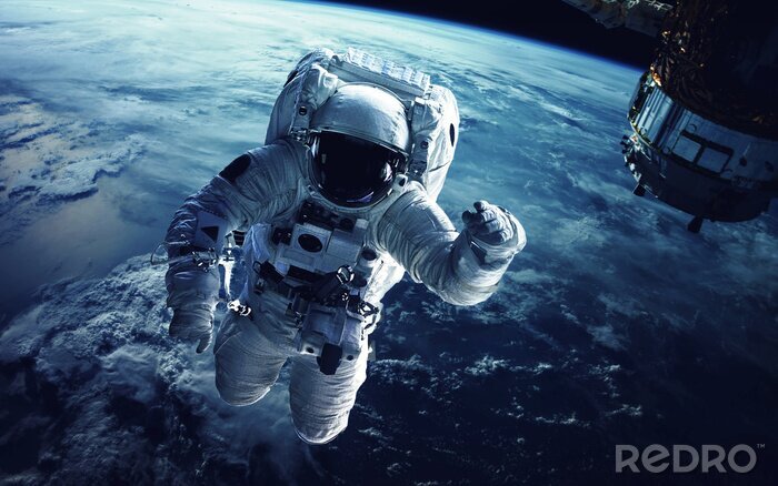 Poster  Astronaute 3d de l'espace extra-atmosphérique sur le fond de la planète
