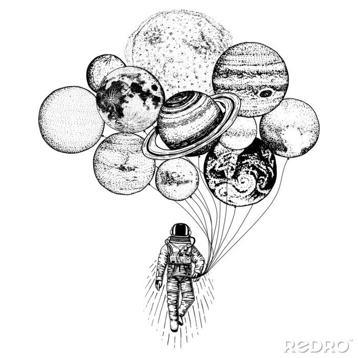 Poster  astronaute astronaute. planètes dans le système solaire. espace de la galaxie astronomique. cosmonaute explorer l'aventure. main gravée dessinée dans le vieux croquis. lune et le soleil et la terre, m