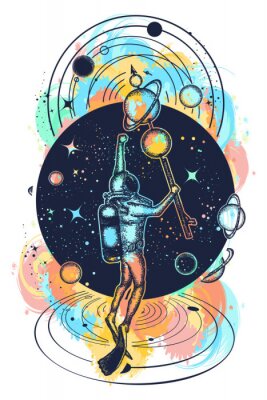 Poster  Astronaute dans l'espace lointain et la conception de t-shirt de l'univers. Diver flotte dans l'art du tatouage spatial. Symbole de la science, de la recherche, des voyages spatiaux