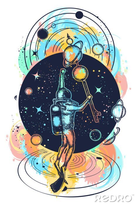 Poster  Astronaute dans l'espace lointain et la conception de t-shirt de l'univers. Diver flotte dans l'art du tatouage spatial. Symbole de la science, de la recherche, des voyages spatiaux