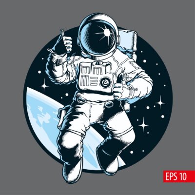 Poster  Astronaute dans l'espace. Pouce en l'air. Touriste de l'espace. Illustration vectorielle