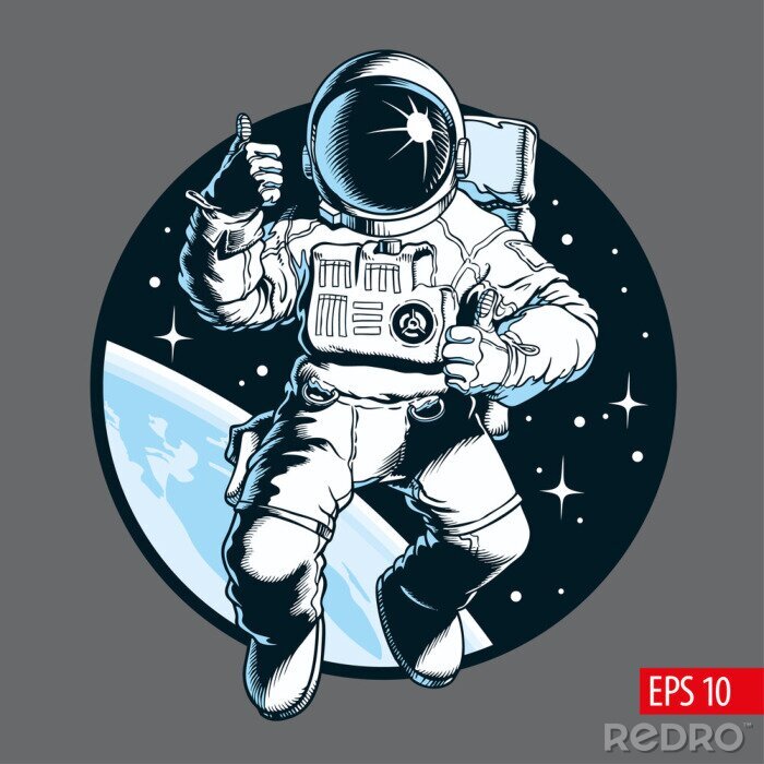 Poster  Astronaute dans l'espace. Pouce en l'air. Touriste de l'espace. Illustration vectorielle