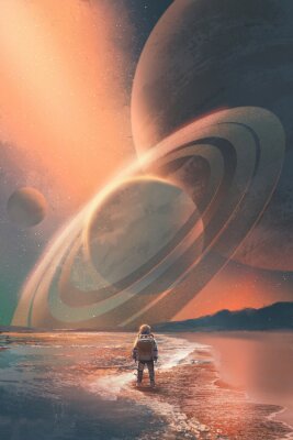 Poster  Astronaute, debout, plage, regarder, planètes, ciel, illustration, peinture
