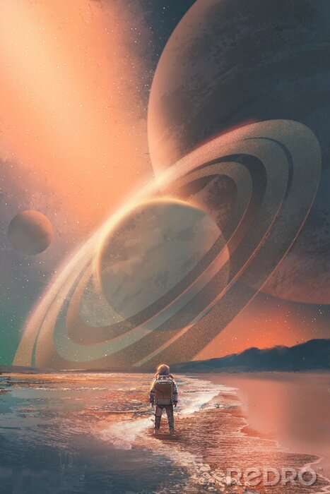 Poster  Astronaute, debout, plage, regarder, planètes, ciel, illustration, peinture