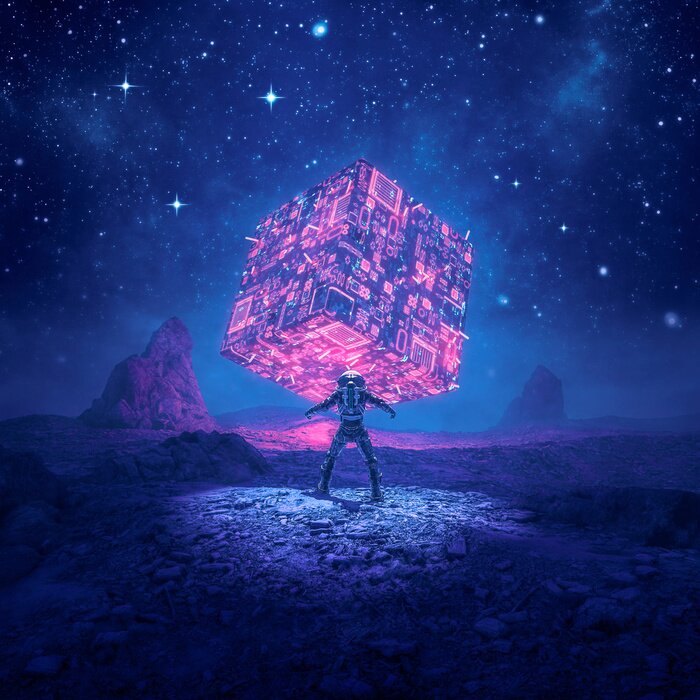 Poster  Astronaute et cube lumineux