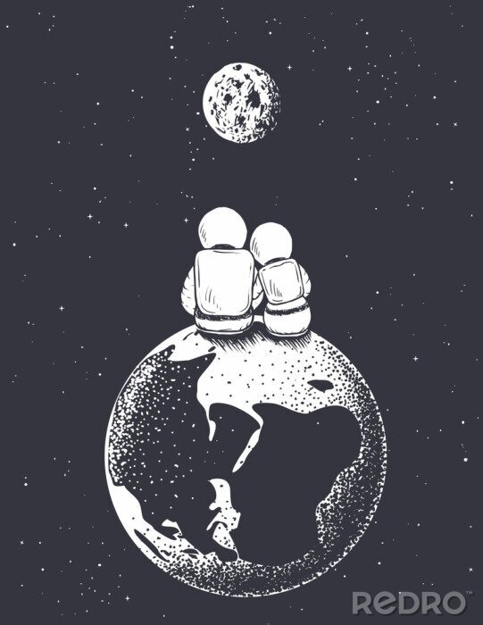 Poster  astronaute fille et garçon regarde vers la lune de la terre.amour dans l'espace. illustration vectorielle romantique