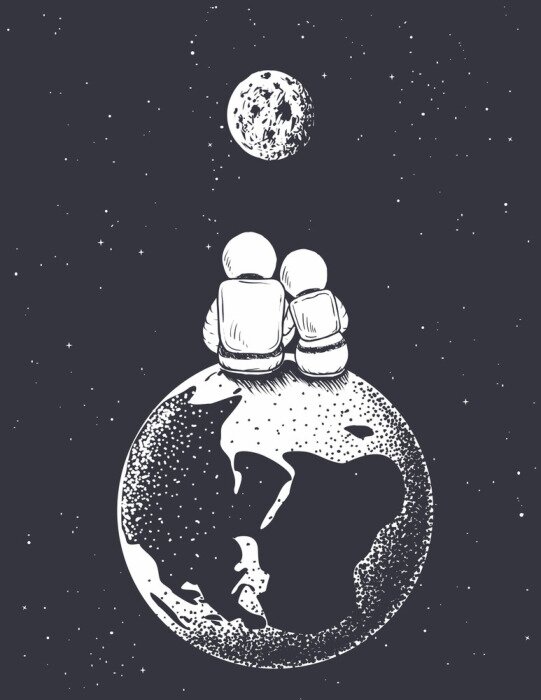 Poster  astronaute fille et garçon regarde vers la lune de la terre.amour dans l'espace. illustration vectorielle romantique