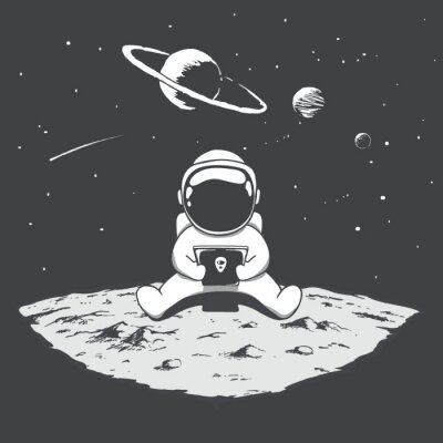 Poster  Astronaute mignon est assis sur la lune et jouant sur un smartphone. Illustration vectorielle spatiale