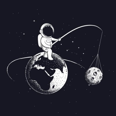Astronaute pêchant la lune avec un graphique de canne à pêche