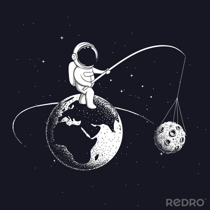 Poster  Astronaute pêchant la lune avec un graphique de canne à pêche