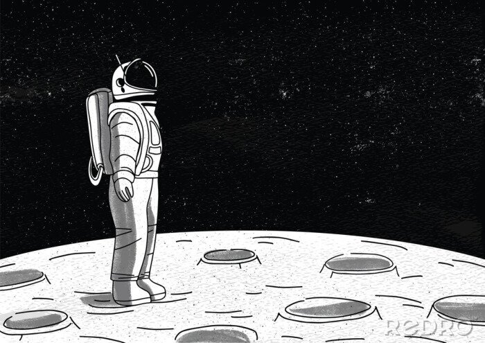 Poster  Astronaute solitaire en combinaison spatiale debout à la surface de la Lune et regardant l'espace plein d'étoiles. Cosmonaute explorant une planète ou un objet céleste en mission. Illustration vectori