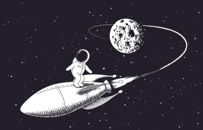 Poster  astronaute vole de la lune sur la fusée. Illustration vectorielle en Chine.