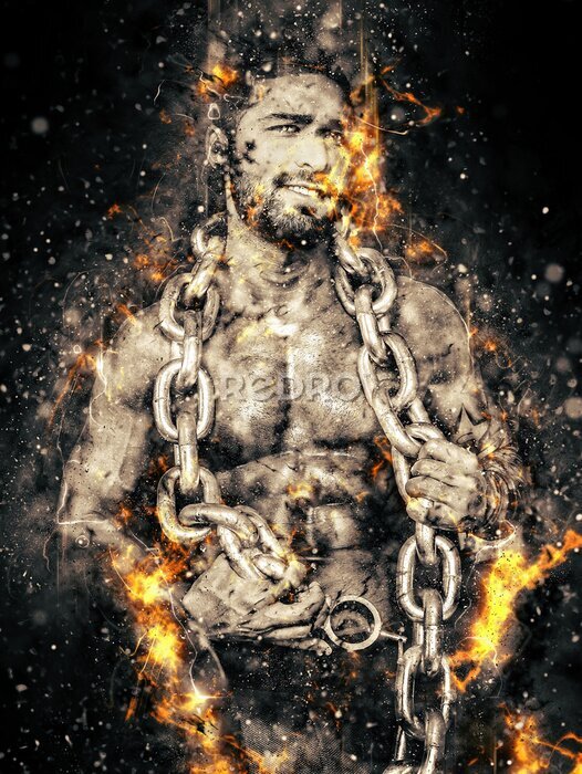 Poster  Athlète musclé avec chaîne et flammes