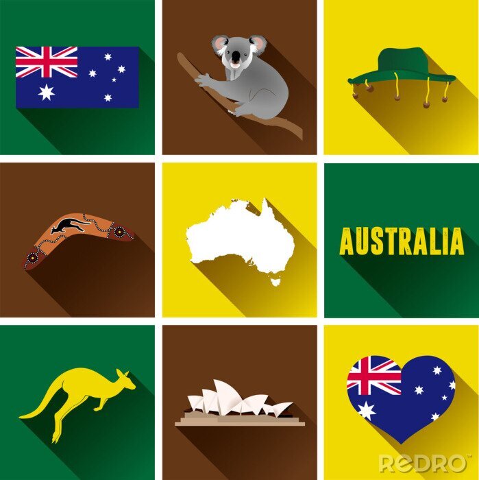 Poster  Australie Jeu d'icônes plat. Ensemble, vecteur, graphique, plat, icônes, représenter, repères, symboles ...