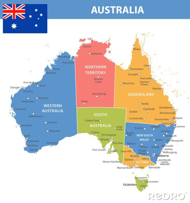 Poster  Australie Régions Villes Nuances de couleurs
