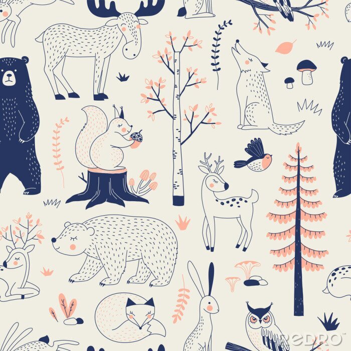 Poster  Autumn Forest seamless vector pattern. Woody landscape with Bear Deer Hare Wolf Moose Fox Owl Squirrel creatures repeatable background. Woodland childish print in Scandinavian decorative style. Cute