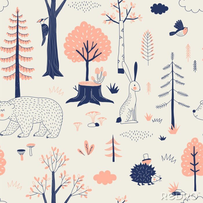 Poster  Autumn Forest seamless vector pattern. Woody landscape with Hedgehog Bear Hare creatures repeatable background. Woodland childish print in Scandinavian decorative style. Cute forest animal backdrop.