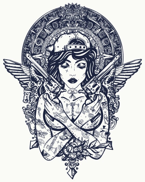 Poster  Bad girl, crossed guns, wings and mayan sun. Criminal street culture art. Favela style. Swag. Hip-hop and rap lifestyle. Cool gangster tattooed woman in baseball cap
