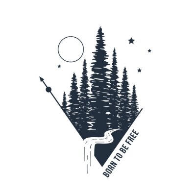 Poster  Badge inspiré à la main avec une illustration vectorielle de la forêt texturée et un lettrage "Born to be free".