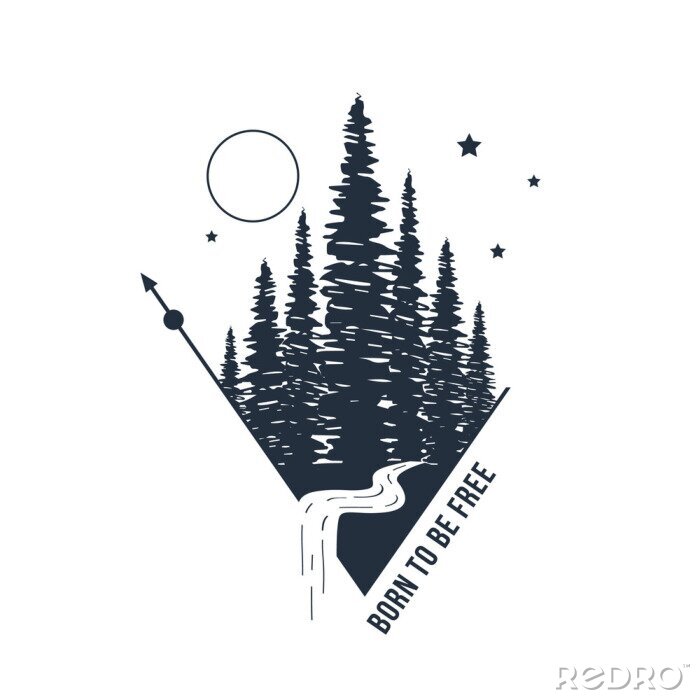 Poster  Badge inspiré à la main avec une illustration vectorielle de la forêt texturée et un lettrage &quot;Born to be free&quot;.