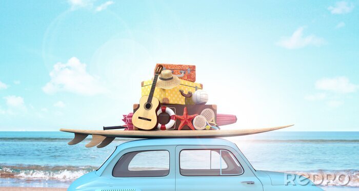 Poster  Bagages de vacances sur le toit de la voiture