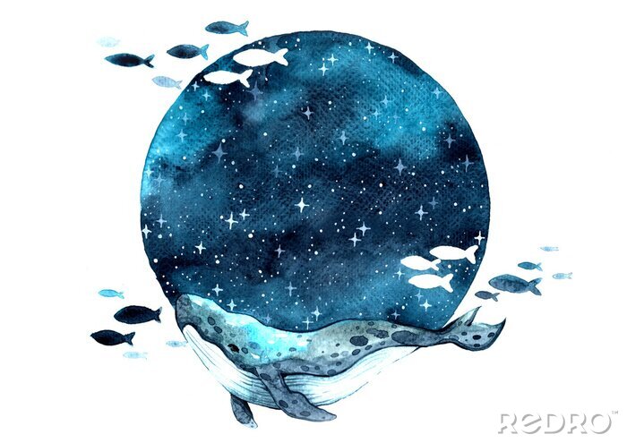Poster  Baleine à l’aquarelle sur un fond de pleine lune