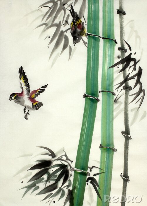 Poster  Bambou et oiseaux peints
