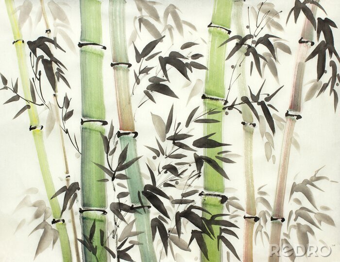 Poster  Bambou et tiges avec des feuilles noires