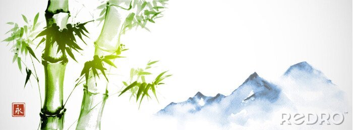 Poster  Bambou illustré avec des motifs de montagne