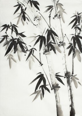 Poster  Bambou monochromatique avec des feuilles peintes