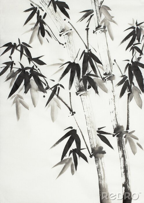 Poster  Bambou monochromatique avec des feuilles peintes